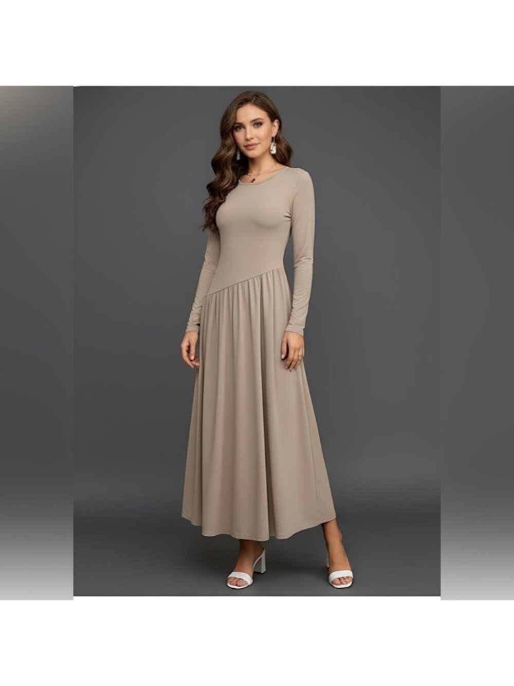 Flounce Hem Long Sleeve Dress Beige Brown